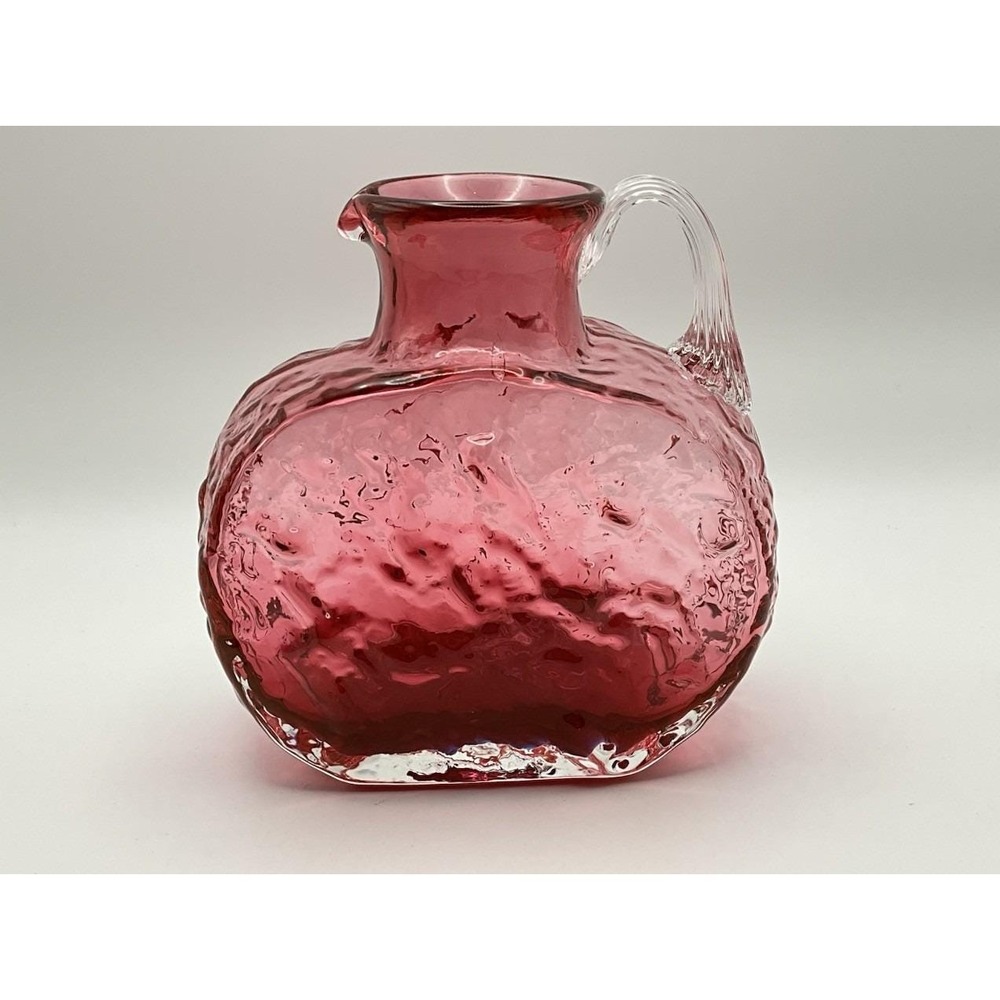 Pilgrim Pebbled Cranberry Glass Circle Pitcher Clear Applied Handle 4.25" VTG